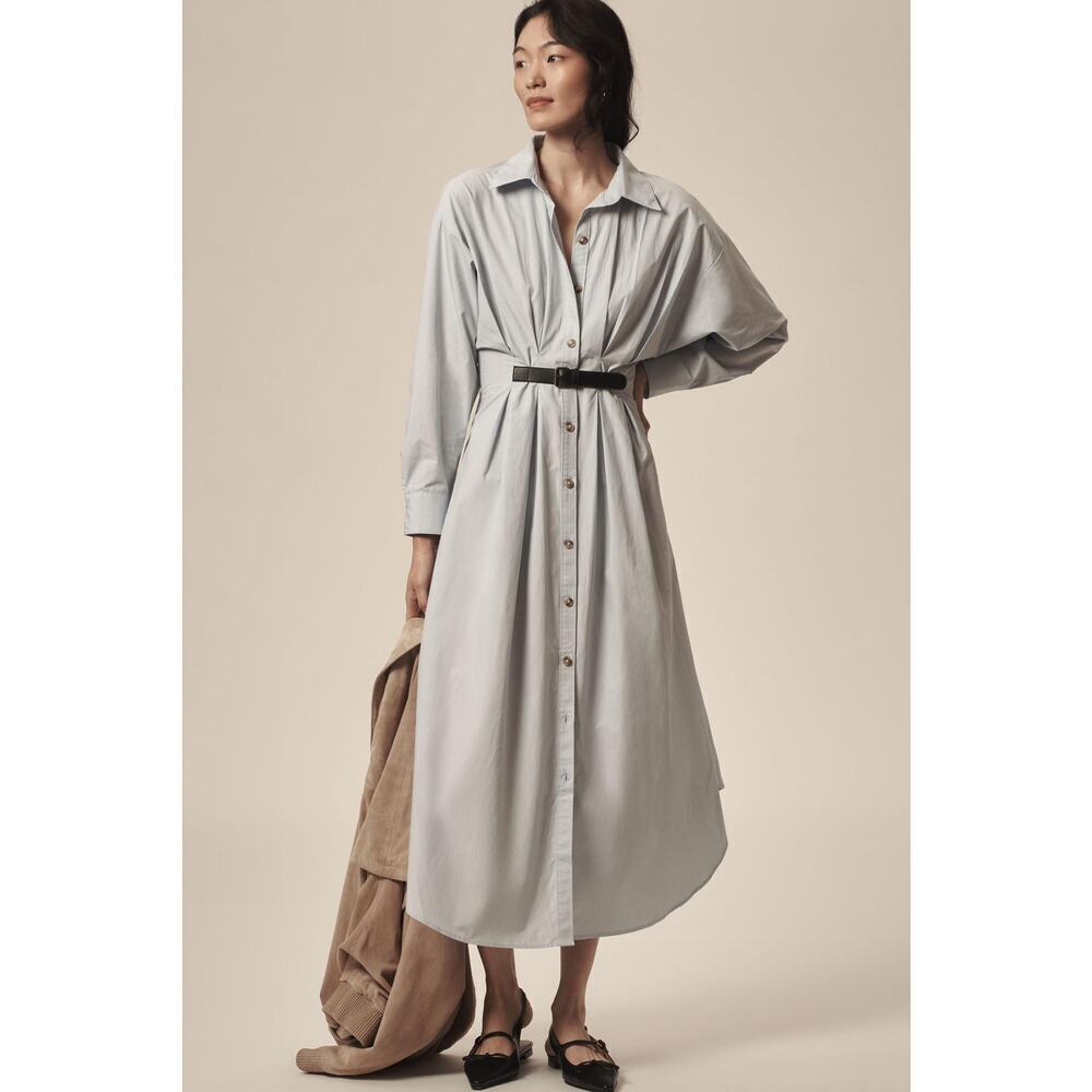 Anthropologie Buckle-Front Midi Shirt Dress Lined Long-Sleeves Blue Size 14 NWOT